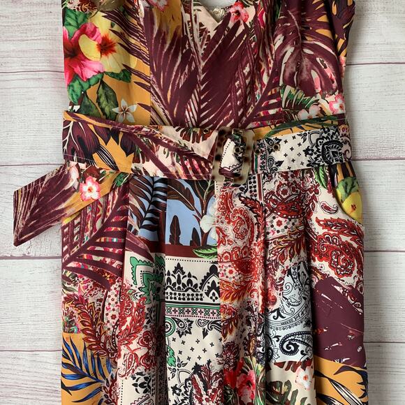 A. Peach Floral Print Belted Jumpsuit Wide Leg Adjustable Straps Pockets Size M - Picture 4 of 16